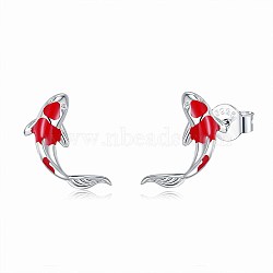 Anti-Tarnish Rhodium Plated 925 Sterling Silver Stud Earrings, with Cubic Zirconia and Ear Nuts, Koi, Platinum, 12x12mm(STER-BB72115)