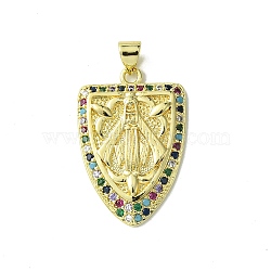 Real 18K Gold Plated Brass Micro Pave Cubic Zirconia Pendants, Shield with Virgin, Colorful, 29x19x3mm, Hole: 3.5x4.5mm(KK-H472-15G-01)