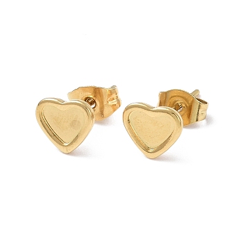 Ion Plating(IP) 304 Stainless Steel Stud Earring Finding, Earring Settings, Heart, Real 18K Gold Plated, Tray: 5x6mm, 6.8x7.7mm, Pin: 0.8mm