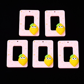 Opaque Acrylic Pendants, with Resin, 3D Printed, Rectangle with Mango, Pink, 35x25x9mm, Hole: 1.5mm