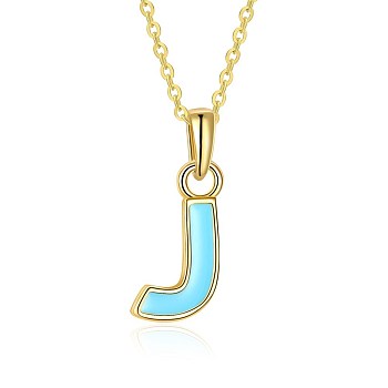 Fashion Tin Alloy Enamel Initial Pendant Necklaces, Letter J, Turquoise, Golden, 17.7 inch(45cm)
