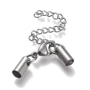 304 Stainless Steel Curb Chain Extender, with Cord Ends and Lobster Claw Clasps, Stainless Steel Color, Chain Extender: 53mm, Clasps: 12.5x8x3.5mm, Cord Ends: 9.5x4.5mm, 4mm inner diameter