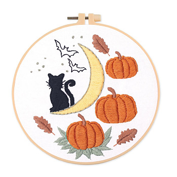 DIY Halloween Theme Embroidery Kits, Including Printed Cotton Fabric, Embroidery Thread & Needles, Cat Pattern, 300x300mm