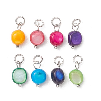 Dyed Natural Shell Pendants, Nuggest Charms with 304 Stainless Steel Loops, Mixed Color, Stainless Steel Color, 13x7~8x4~6mm, Jump Ring: 5x1mm, Inner Diameter: 3.5mm