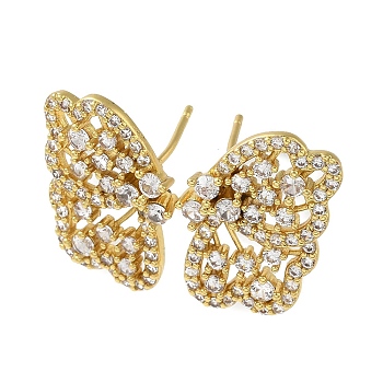 Rack Plating Brass Micro Pave Cubic Zirconia Studs Earrings, Long-Lasting Plated, Lead Free & Cadmium Free, Butterfly, Real 18K Gold Plated, 22.5x15mm