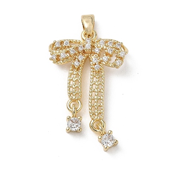 Brass Micro Pave Clear Cubic Zirconia Pendants, Long-Lasting Plated, Bowknot Charms, Real 18K Gold Plated, 30x18x4mm, Hole: 5x2.5mm