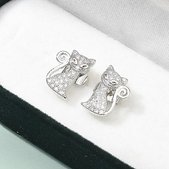 Brass Micro Pave Clear Cubic Zirconia Stud Earrings, Cat Shape, Platinum, 12.5x8.5mm