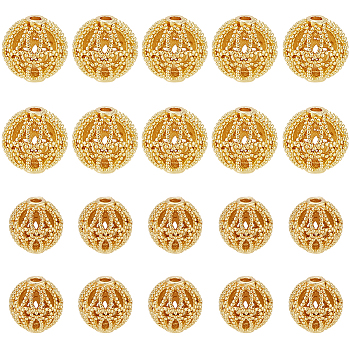 20Pcs 2 Styles Brass Beads, Hollow Round, Golden, 8~10mm, Hole: 1.2mm