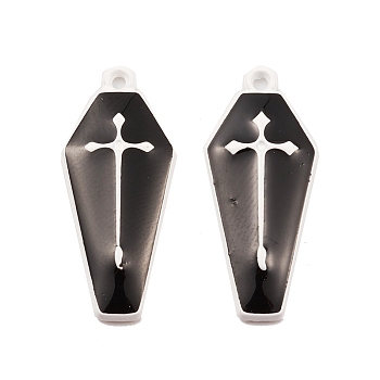 Spray Painted Alloy Pendants, Long-Lasting Plated, Lead Free & Cadmium Free, Coffin with Cross, Black, 26x11.5x2.5mm, Hole: 1.2mm