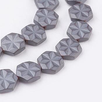 Non-magnetic Synthetic Hematite Beads Strands, Frosted, Hexagon, 8x2.5mm, Hole: 1mm, about 46pcs/strand, 15.5 inch(39.5cm)