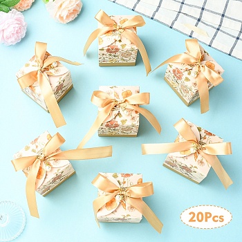 20Pcs Floral Printed Cardboard Gift Boxes, with Plastic Imitation Pearl Beads and Polyester Ribbons, Square, BurlyWood, 7x7x7cm