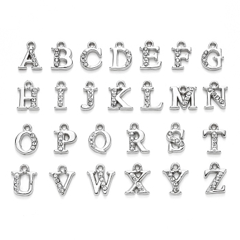 Alloy Rhinestone Charms, Alphabet, Letter A~Z, Crystal, Platinum, 12.5~13.5x5.5~12x2.5mm, Hole: 1.4mm, 26pcs/set