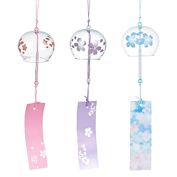 3Pcs 3 Colors Japanese Glass Wind Chimes, Flower Pattern Small Wind Bells with Paper Card, Suncatcher for Garden Window Party Hanging Decors, Mixed Color, 375~395mm, 1pc/color