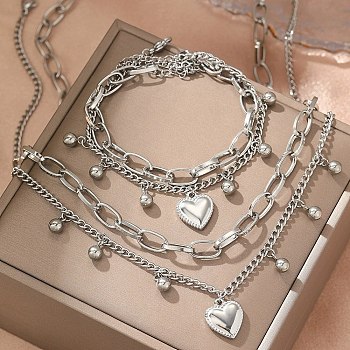 Heart 304 Stainless Steel Double Necklaces & Bracelets Sets for Women, Stainless Steel Color, 465mm