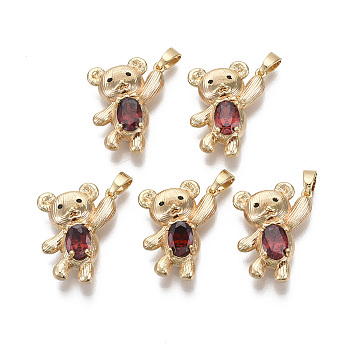 Brass Cubic Zirconia Pendants,  with Glass and Brass Snap on Bails, Nickel Free, Real 18k Gold Plated, Bear, Red, 21x16x7mm, Hole: 2x4mm