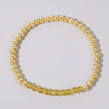 Colorful Birthstone Faceted Bicone & Brass Beaded Stretch Bracelets for Women, Yellow, 6-7/8 inch(17.5cm)