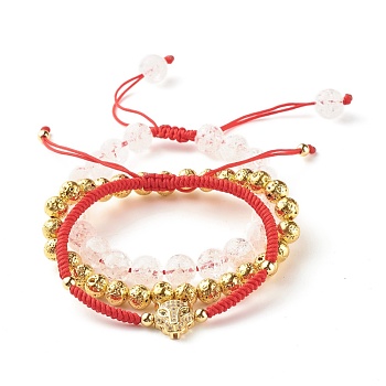 Natural Crackle Quartz & Lava Rock Braided Bead Bracelets Set, Leopard Brass Cubic Zirconia Beads Bracelets for Women, Red, Golden, Inner Diameter: 2~3.15 inch(5.2~8cm), 3pcs/set