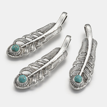 Tibetan Style Alloy Big Pendants, with Synthetic Turquoise, Feather, Antique Silver, 57x15.5x6mm, Hole: 4x9mm