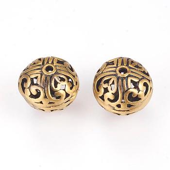 Brass Beads, Hollow, Round with Flower, Brushed Antique Bronze, 12x11mm, Hole: 1.5mm