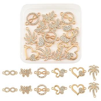 18Pcs 6 Styles Alloy Crystal Rhinestone Links Connector Charms, Butterfly Heart Infinity, Mixed Shapes, Golden, 13~23x8~25x1.8~2.5mm, Hole: 1.5~1.8mm, 3pcs/style