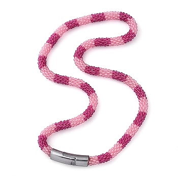 Glass Crochet Beaded Necklace, Fashion Nepal Necklace with Alloy Magnetic Clasps, Pink, 17.87 inch(45.4cm)