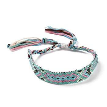 Polyester-cotton Braided Rhombus Pattern Cord Bracelet, Ethnic Tribal Adjustable Brazilian Bracelet for Women, Turquoise, 5-7/8~11 inch(15~28cm)