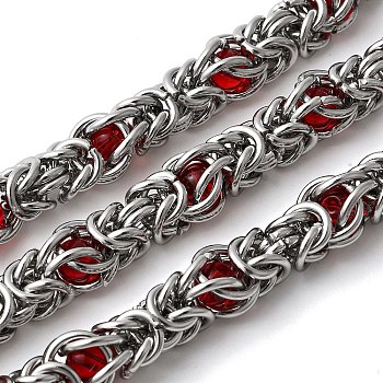 304 Stainless Steel Byzantine Chains, Unwelded, with Spool, Stainless Steel Color, Glass Beads, Red, 10mm