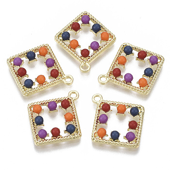 Alloy Pendants, with ABS Plastic Imitation Pearl, Rhombus, Colorful, Light Gold, 23.5x21x4mm, Hole: 1.8mm, Side Length: 16mm