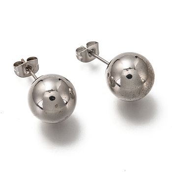 304 Stainless Steel Ball Stud Earrings, with 316 Stainless Steel Pin & Earring Backs, Round, Stainless Steel Color, 23.5x12mm, Pin: 0.8mm