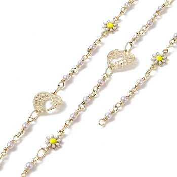 Rack Plating Brass Heart & Enamel Daisy Flower Link Chains, with Plastic Pearl Beaded, Unwelded, with Card Paper, Golden, 13x7x2mm, 13.5x13.5x0.5mm