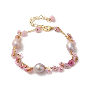Shell Pearl Disc Charm Bracelet, with Brass Chains, Real 14K Gold Plated, 6-3/4 inch(17.1cm)