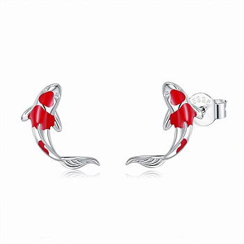 Anti-Tarnish Rhodium Plated 925 Sterling Silver Stud Earrings, with Cubic Zirconia and Ear Nuts, Koi, Platinum, 12x12mm