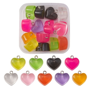 15Pcs Transparent Resin Pendants, Heart Charms with Platinum Tone Iron Loops, Mixed Color, 16.5x17x9.5mm, Hole: 1.8mm
