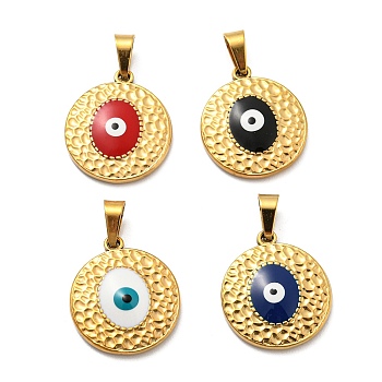 Ion Plating(IP) 304 Stainless Steel Pendants, with Enamel, Flat Round with Evil Eye Charm, Golden, Mixed Color, 18x16x2.5mm, Hole: 5.5x3.5mm