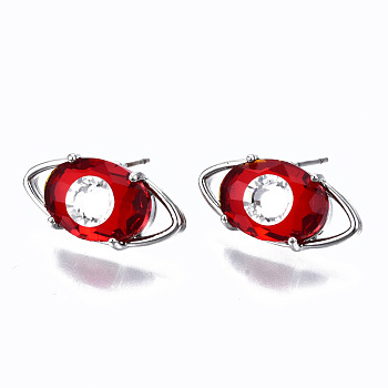 Brass Stud Earrings, with Glass and Steel Pins, Evil Eye, Platinum, Red, 9x17.5mm, Pin: 0.6mm