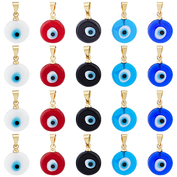 20Pcs 5 Colors Handmade Lampwork Evil Eye Pendants, with Real 18K Gold Plated Brass Findings, Cadmium Free & Lead Free, Mixed Color, 15x12x5mm, Hole: 4.5x3.5mm,  4pcs/color