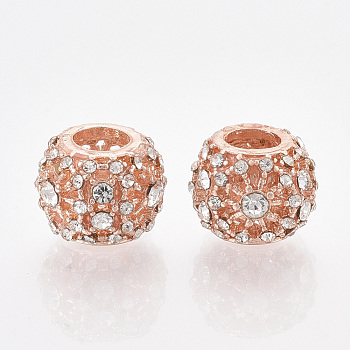 Rose Gold Plated Alloy European Beads, with Rhinestones, Large Hole Beads, Rondelle, Crystal, 11x8.5mm, Hole: 4.5mm