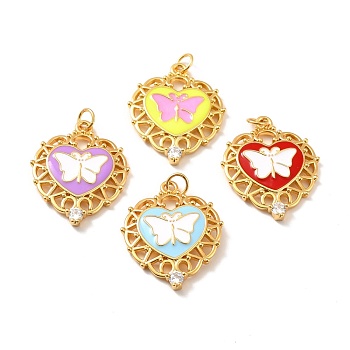 Rack Plating Brass Enamel Pendants, Cadmium Free & Lead Free & Nickle Free, with Cubic Zirconia and Jump Ring, Real 18K Gold Plated, Heart with Butterfly, Mixed Color, 26x21x3mm, Jump Ring: 5x0.6mm, Inner Diameter: 3.5mm