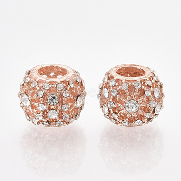 Rose Gold Plated Alloy European Beads, with Rhinestones, Large Hole Beads, Rondelle, Crystal, 11x8.5mm, Hole: 4.5mm(X-MPDL-S067-17B-RG)