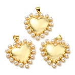 Brass Pendants, with Plastic Imitation Pearls, Long-Lasting Plated, Lead Free & Cadmium Free, Heart Charm, Real 18K Gold Plated, 26x25.5x5.5mm, Hole: 3.4x4.5mm(X-KK-K341-25G)
