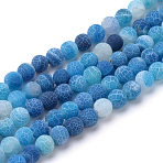 Natural & Dyed Crackle Agate Bead Strands, Frosted Style, Round, Blue, 10mm, Hole: 1.2mm, about 37~40pcs/strand, 35cm(G-T056-10mm-07)