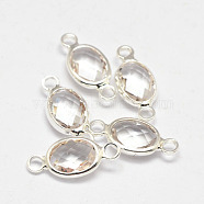 Oval Faceted Silver Color Plated Brass Glass Links connectors, Clear, 15x6.5x3.2mm, Hole: 1mm(X-GLAA-O014-02S)