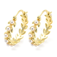 Rack Plating Brass Leaf Wreath Hoop Earrings with Plastic Pearl Beaded, Lead Free & Cadmium Free, Real 18K Gold Plated, 29x6mm(EJEW-Q779-05G)