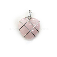 Natural Rose Quartz Copper Wire Wrapped Pendants, Heart Charms, Silver Color, 20mm(FIND-PW0015-21B)