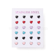 Enamel Heart Stud Earrings, 304 Stainless Steel Earrings with 316 Surgical Stainless Steel Pins for Women, Stainless Steel Color, 5.5x6x2mm, Pin: 0.8mm(EJEW-B009-12P)