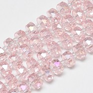 Electroplate Glass Beads Strands, Rainbow Plated, Faceted, Flat Round, Pink, 10x6mm, Hole: 1.5mm, about 60pcs/strand, 18.9 inch(EGLA-Q083-10mm-A06)