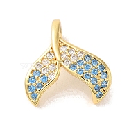 Brass Cubic Zirconia Pendants, Real 14K Gold Plated, Fishtail, Sky Blue, 14x14x6mm, Hole: 5x3mm(KK-M278-10G-02)