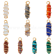 10Pcs 10 Styles Mixed Gemstone Double Terminal Pointed Pendants, Faceted Bullet Charm, with Golden Tone Copper Wire Wrapped, 25x6~7x6~7mm, Hole: 3mm, 1pc/style(FIND-FH0006-90)