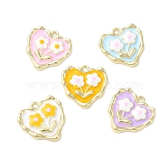 Alloy Eanmel Pendants, Heart with Flower Charm, Golden, Mixed Color, 18x18x2.5mm, Hole: 1.6mm(ENAM-D050-12G)