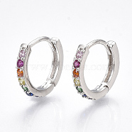 Brass Micro Pave Cubic Zirconia Huggie Hoop Earrings, Ring, Real Platinum Plated, 2.5x14mm, Pin: 1mm(EJEW-S201-40P)